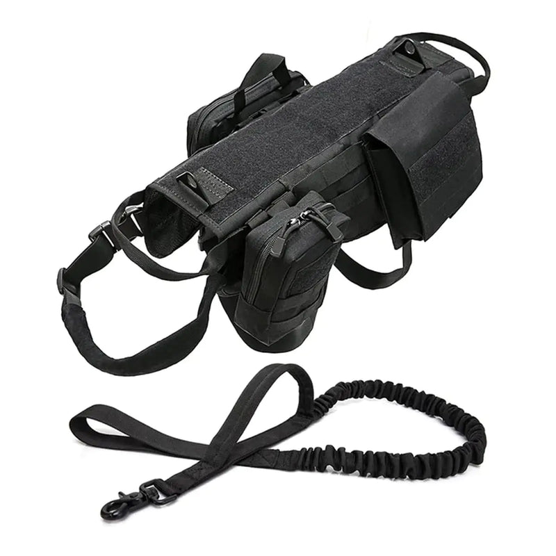 Tactical Dog Vest Harness Heavy Duty Dog Harness with 3 MOLLE Bags & 1 Bungee Dog Leash